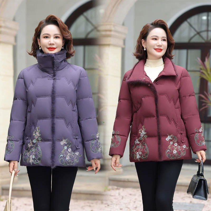 2024 зимний новый белый утиный пуховик мама толстый холодный средний и пожилой вышивка пальто модный меховый воротник