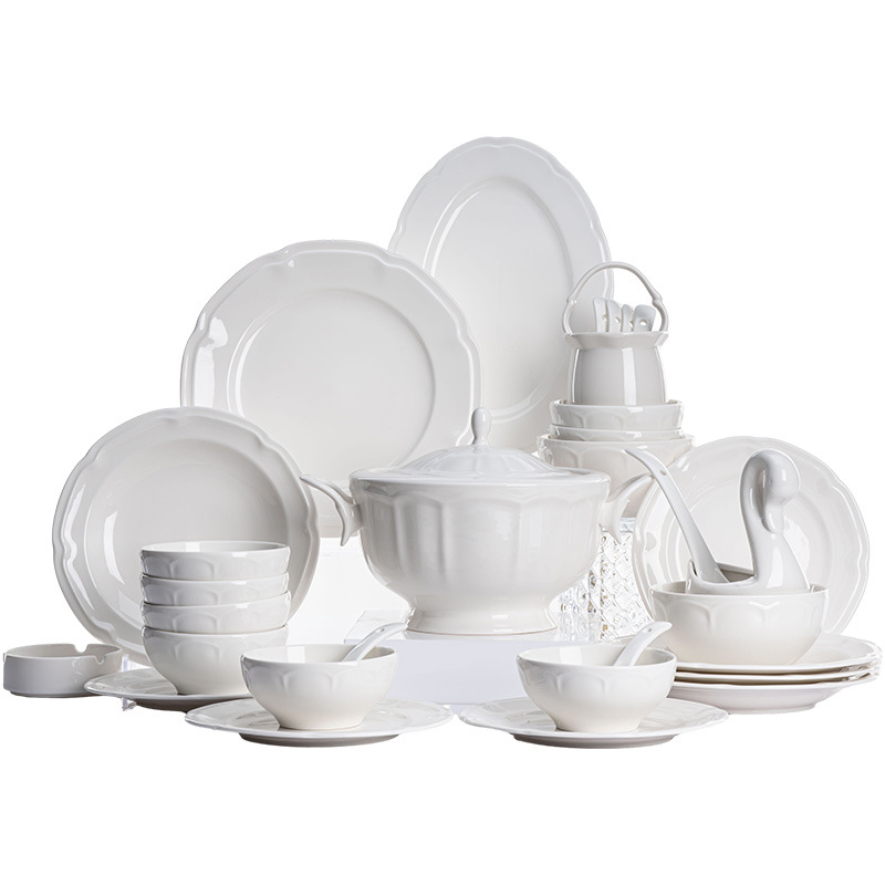 Juego de Vajilla Blanco de Jingdezhen con Relieve, Estilo de Lujo para Hogar