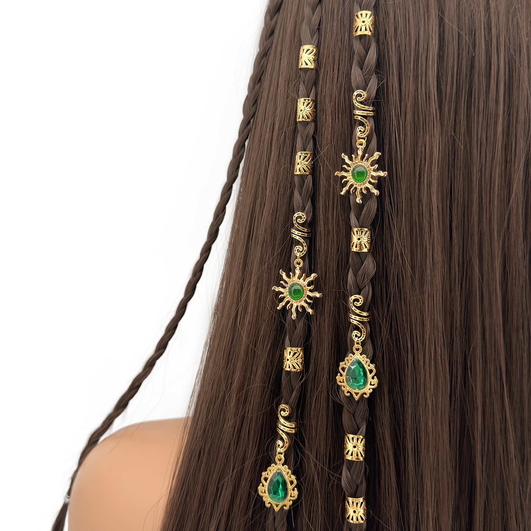 Cross-Border E-Commerce New Product Bohemian Emerald Metal Open Hair Buckle DIY Braided Hair Ornaments Wholesale
