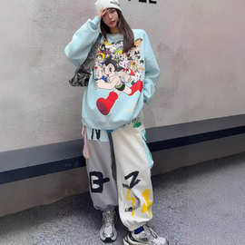 美式复古套装圆领卫衣拼接口袋卫裤女2025秋新款宽松慵懒风两件套