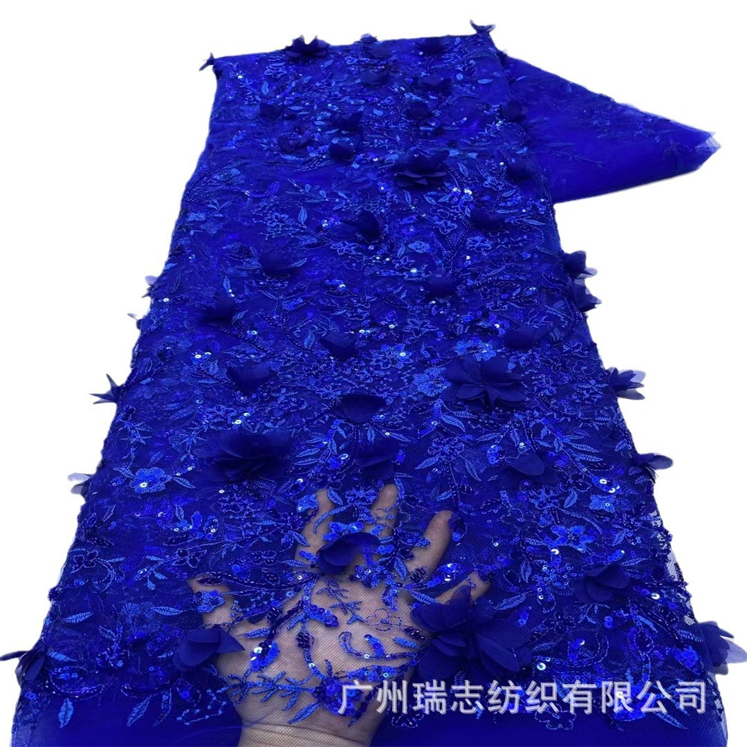 Diseño de bordado tridimensional 3D de flores franceses sequinado tela de malla de encaje vestido de boda vestido de tela de encaje