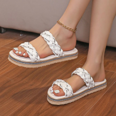 外貿水鑽編織拖鞋女2024夏季新款平底一字外穿時尚沙灘涼拖鞋批發