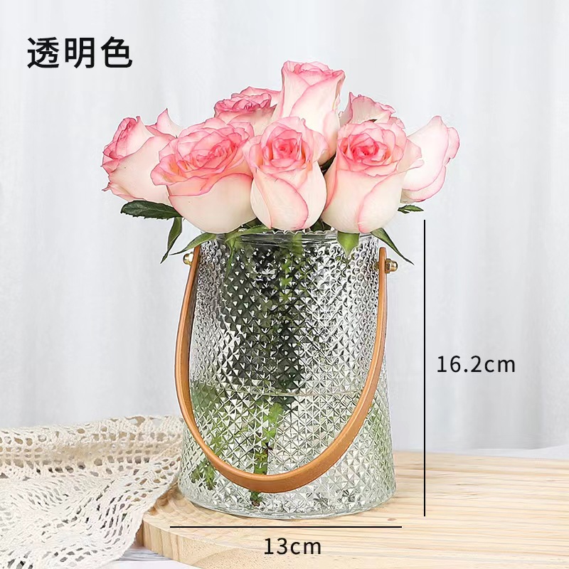 Luz de lujo ins estilo nórdico encaje PU florero de vidrio portátil combinación de flores de rábano verde florero de vidrio al por mayor