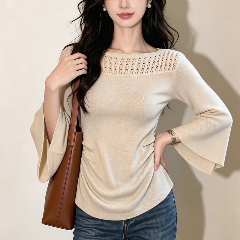 Autumn new collection: one-shoulder lace-trimmed, hollow-out, three-quarter-length flared-sleeve, waist-cinching, pleated, slimming knit top for women, exuding elegance and fashion