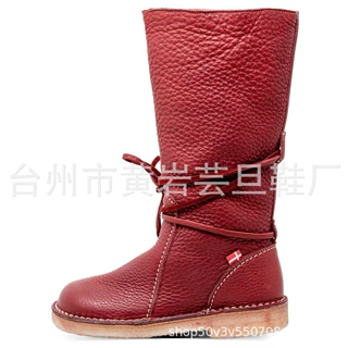 独立站大码长筒雪地靴女欧美低跟圆头纯色系带马丁靴骑士靴女棉鞋