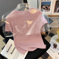 古いルート天糸幾何学的しわ筋理感丸首修身ニット半袖tシャツ女夏