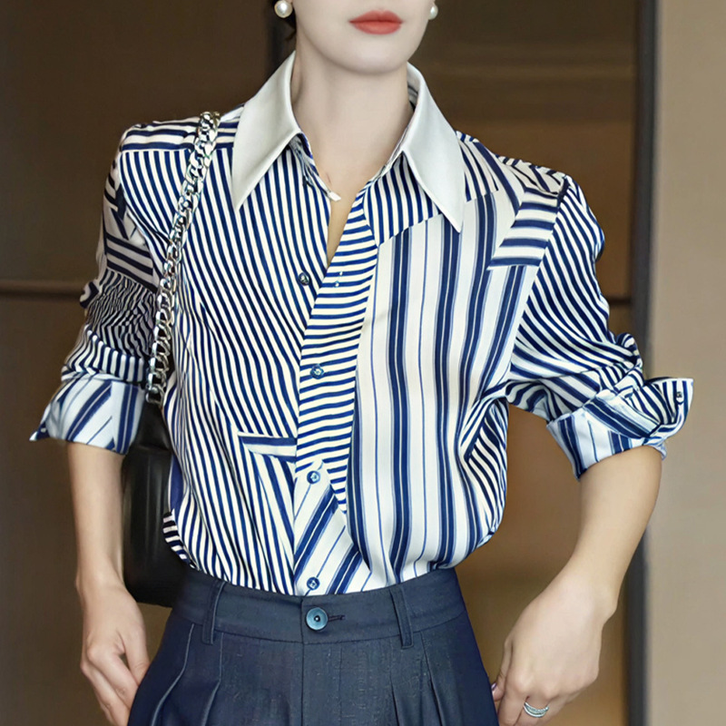 2025秋季新款女气质洋气设计感撞色拼接条纹长袖衬衫宽松显瘦上衣|undefined