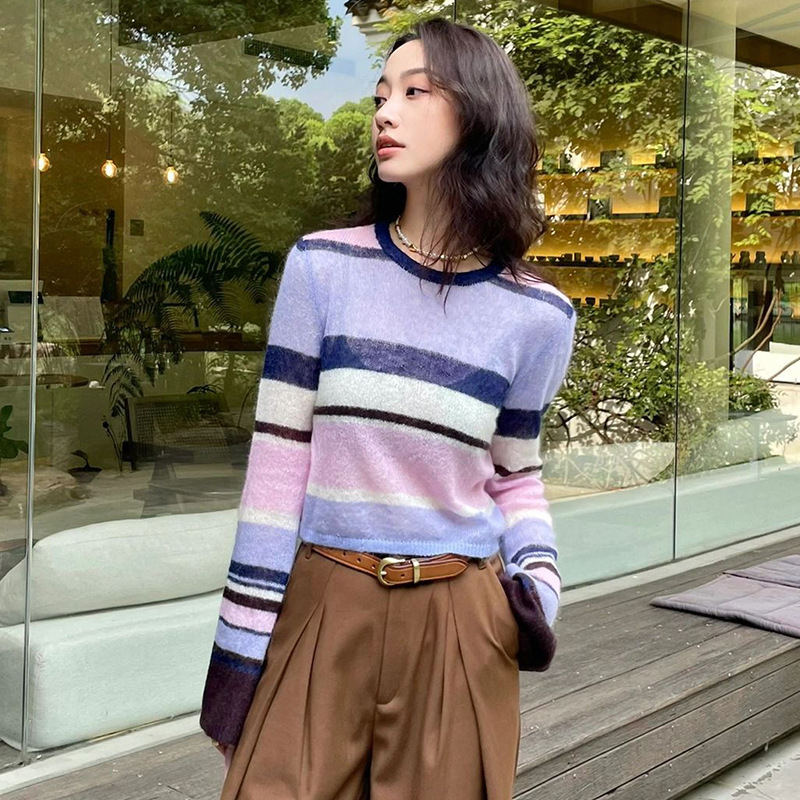 2026 Spring New Color-Blocked Striped Mohair Pullover Knit Sweater for Women, Short Style, Lightweight, Transparent, High-End Feel