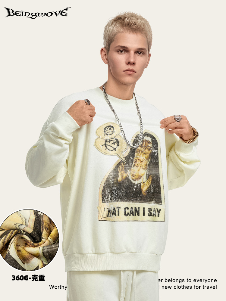 2025 otoño Europa y América marca de moda retrógrada divertida impresión de cuello redondo camisa de manga larga chaqueta de cuello redondo de gran tamaño de moda masculina