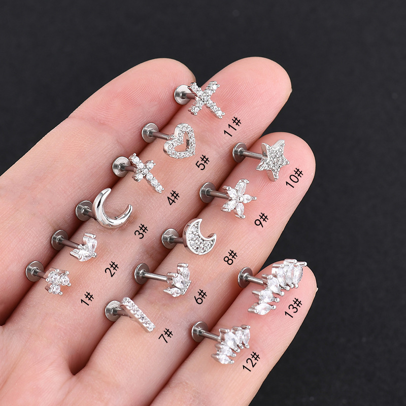 Stainless Steel, Copper Material Classic Style Streetwear Geometric Moon Heart Shape Stainless Steel Copper Zircon Lip Stud Nose Studs In Bulk Nose Pin