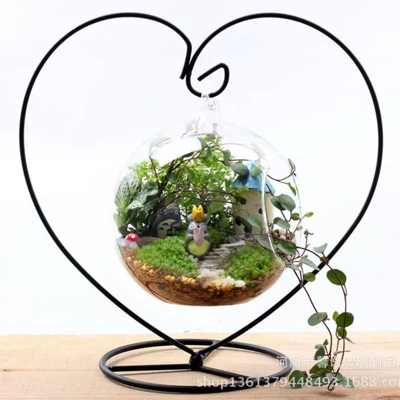微景观苔藓植物生态瓶 礼品微景观悬挂玻璃球 心形铁架吊瓶摆件
