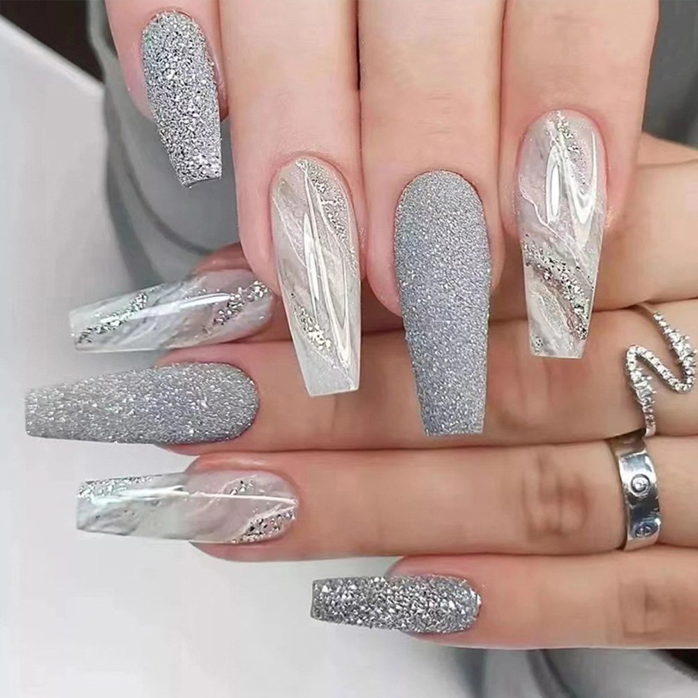 Armadura de desgaste de patrón de mármol de flash europeo y americano, pieza de uñas desmontable larga, prensa de estilo ins en nails