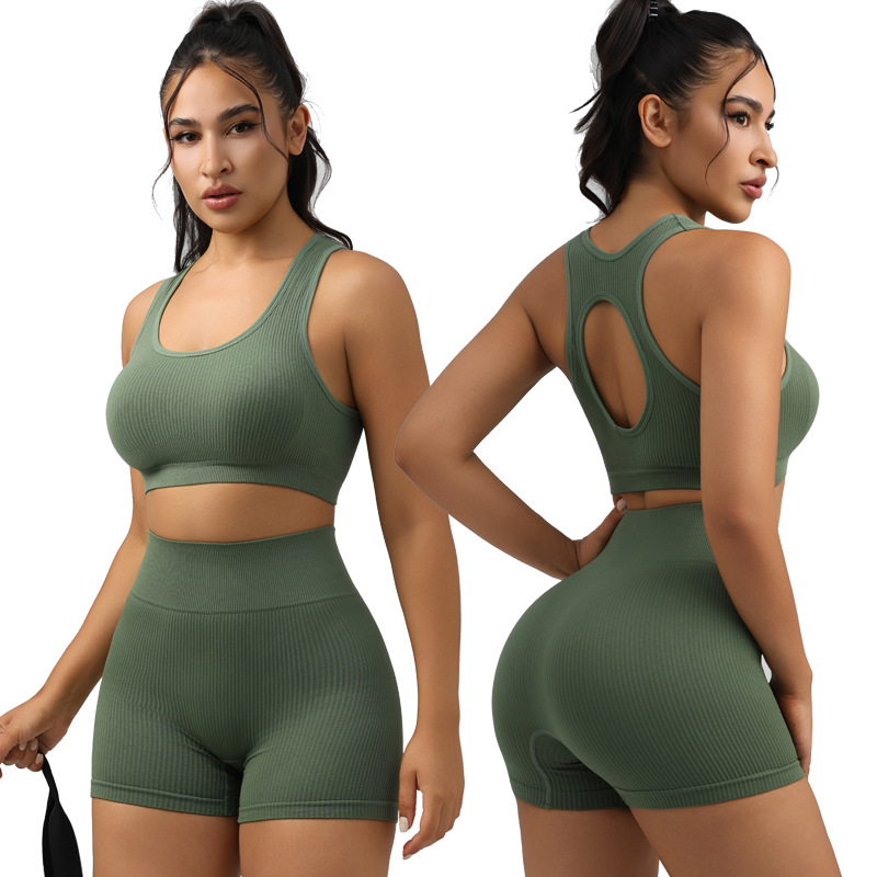 Bra apretado con cojín de pecho de rosca, yoga de cintura alta, melocotón de acondicionamiento físico, ropa deportiva de secado rápido, pantalones cortos.