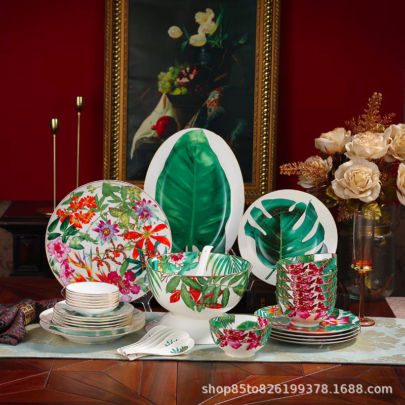 Tropical Rainforest Tableware Series: Plates, Cups, Saucers, Bowls, Spoons, European-style Ceramic Hotel and Club Set, Bone Porcelain