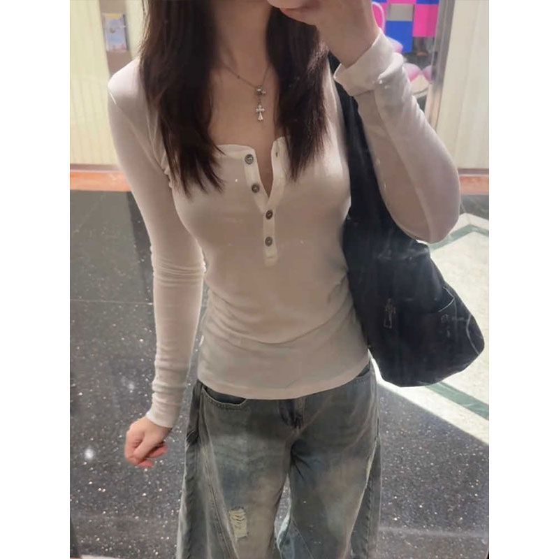 韩系复古纽扣半开领正肩长袖t恤女春秋内搭显瘦打底衫百搭上衣潮|undefined