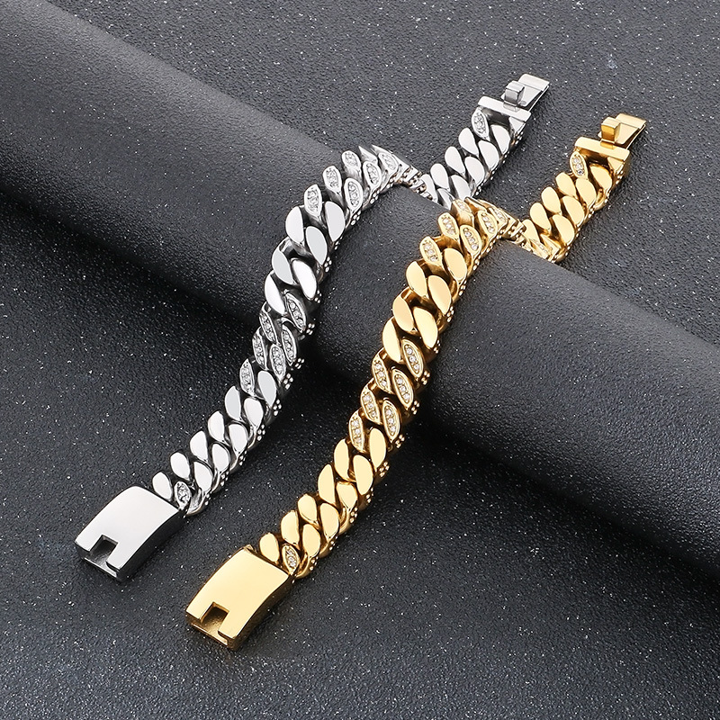Pulsera de moda estilo hip hop diseño creativo 12mm diamante cadena cubana borde de corte punteado pulsera de acero de titanio para hombre