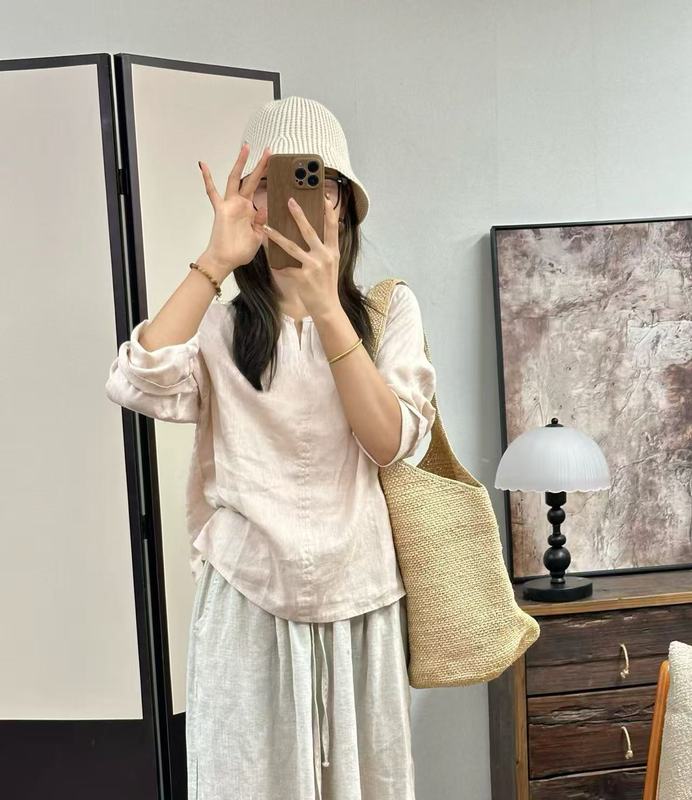 2025秋季韩版宽松简约亚麻糖果色小V领套头衬衫百搭休闲T恤上衣女|undefined