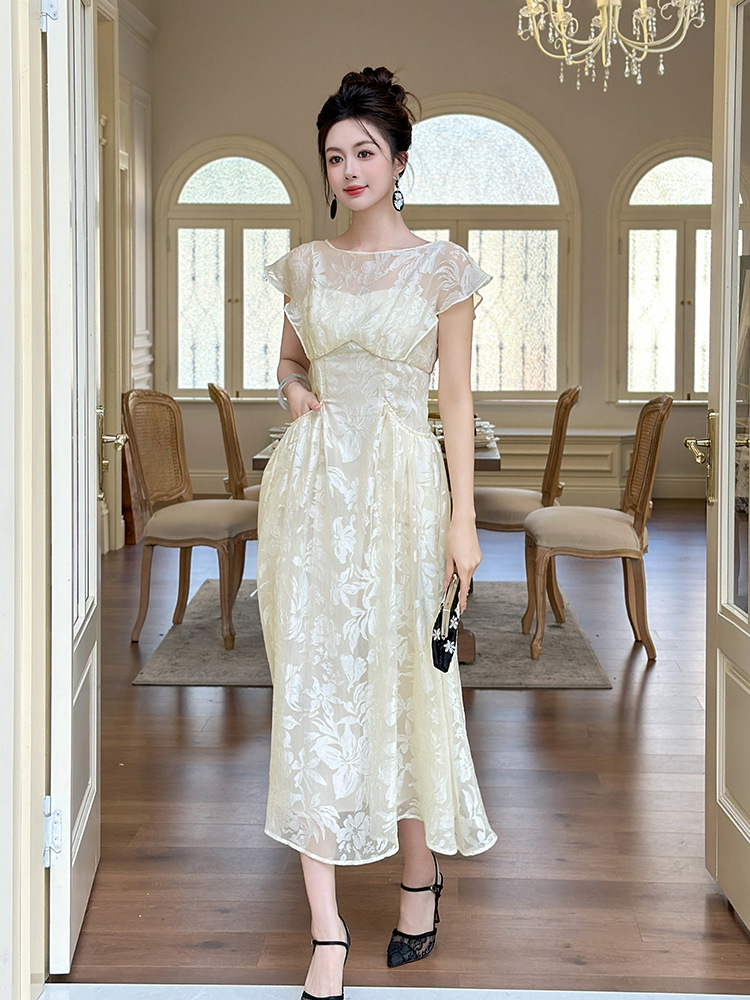 Đầm maxi nữ cổ tròn thắt eo giả hai mảnh dáng dài — mơ