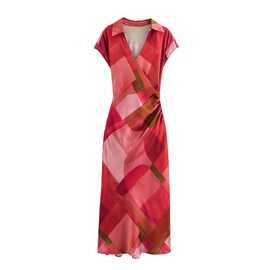 ZR女装  欧美风2025春季新品褶皱修身印花几何图案丝绸质感连衣裙