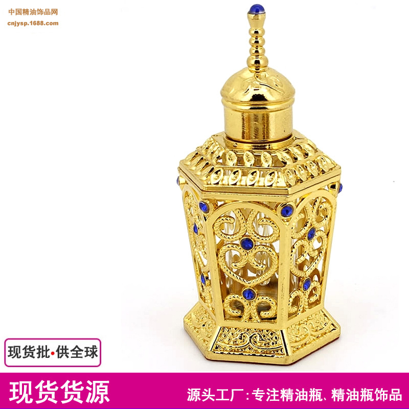 Joyería de aceite esencial neto en stock al por mayor 10ML hexágono dorado Oriente Medio botella de perfume botella de aceite esencial sub-embalaje botella vacía adornos