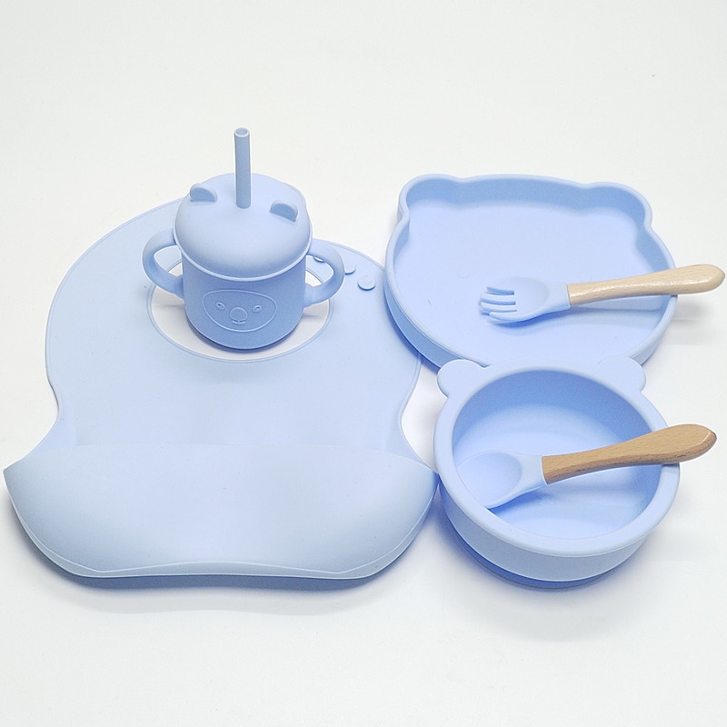 하늘색 (곰 1칸 실리콘 접시 + 곰 그릇 + 턱받이 + 컵 + 나무 손잡이 + 숟가락 + 포크)