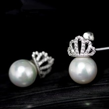 S925纯银满钻珍珠皇冠耳钉女小众设计感轻奢气质耳饰批发欧美跨境