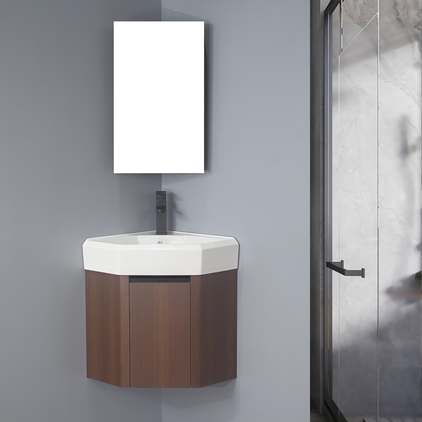 Thickened Mid-Century Style Walnut Color Triangular Honeycomb Aluminum Bathroom Cabinet Small Apartment Corner Wash Basin Right Angle Wash Basin