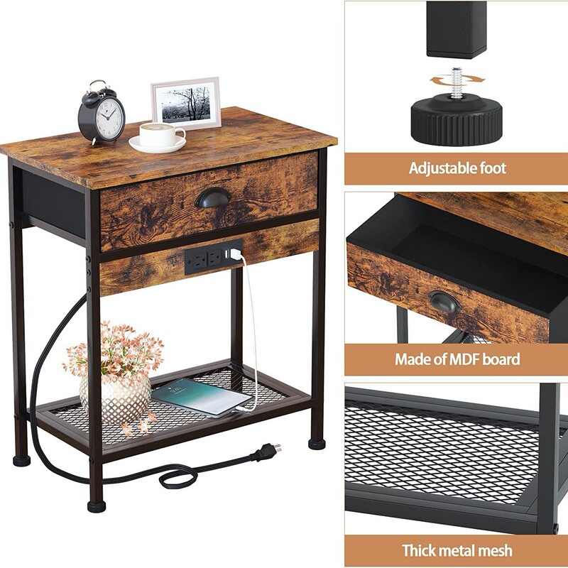 Side Table with Drawer and Storage Shelf with Charging Station Bedroom Nightstand Living Room End Table Sofa Side Desk Study Narrow Table Side Table with Drawer and Storage Shelf with Charging Station Bedroom Nightstand Living Room End Table Sofa Side Desk Study Narrow Table