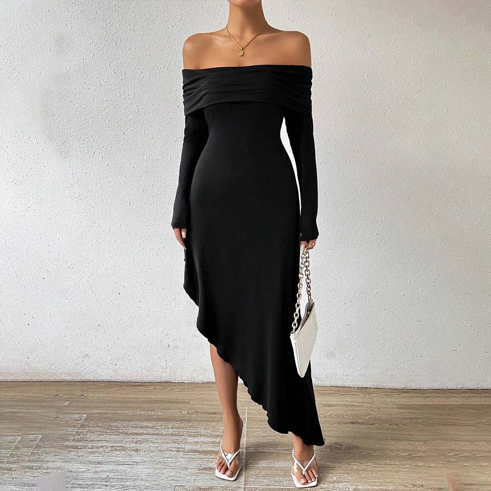 Elegant Womens Dress Off Shoulder Mid Length Autumn Winter High Class Style Wholesale Availability