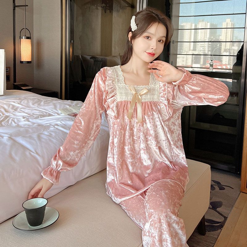 Otoño nuevo terciopelo dorado color sólido pijama de manga larga encaje cuello cuadrado princesa ropa de casa primavera set transfronterizo