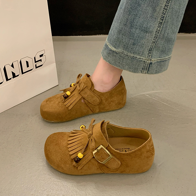 复古搭扣流苏勃肯鞋2025秋季新款韩版乐福鞋内增高厚底单鞋豆豆鞋