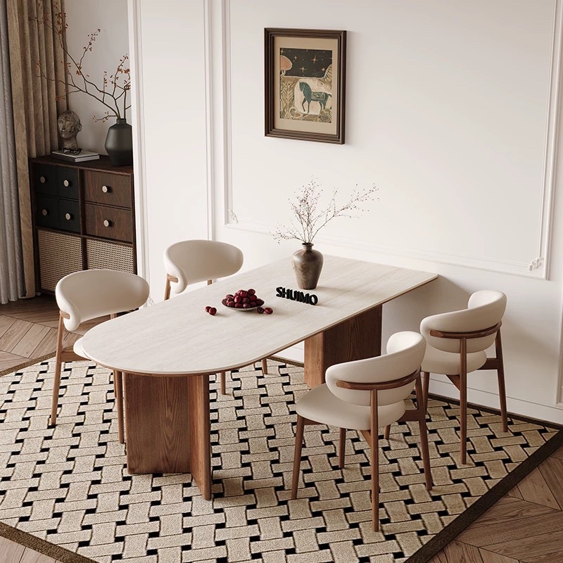 Delifeng Rockpan Cave mesa de comedor de estilo francés de piedra pequeña casa de lujo crema semicircular mesa de comedor rectangular salón