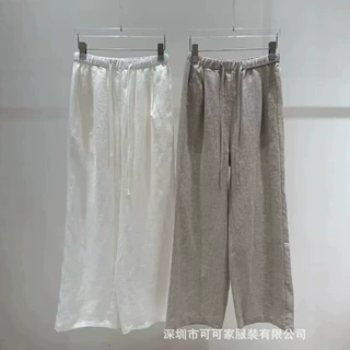 老钱风亚麻简约通勤宽松直筒裤女夏季时尚绑带高腰显瘦休闲阔腿裤