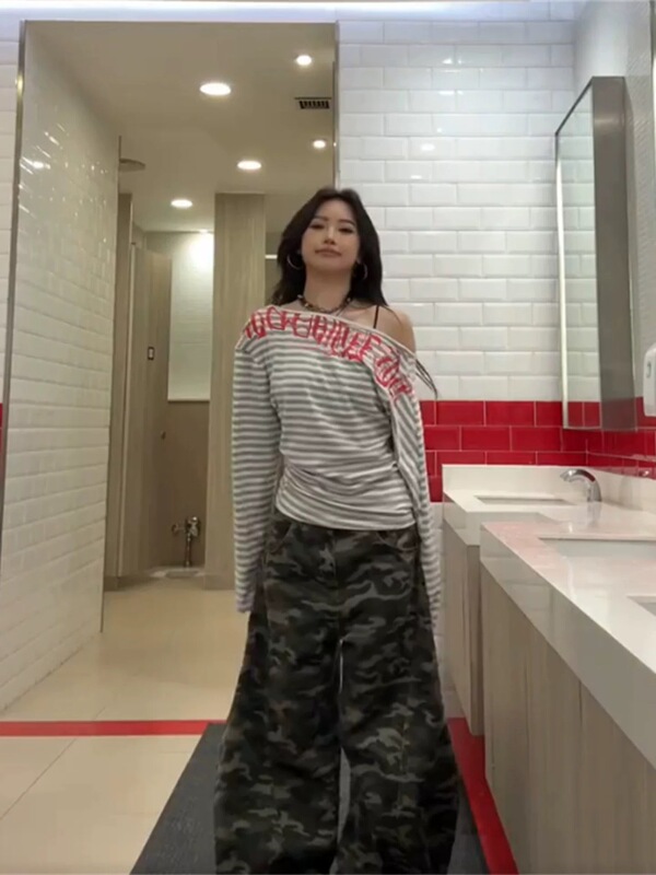 394#【广州色织条纹 原版做法】 宽松长袖t恤女  前后印花 上衣|undefined