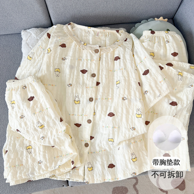 Miffy Rabbit Cloud Pure Cotton Gauze Pajamas with Breast Pads for Women, Summer Short-Sleeved Round Neck Three-Piece Set, Home Wear That Can Be Worn Outside Miffy Rabbit Cloud Pure Cotton Gauze Pajamas with Breast Pads for Women, Summer Short-Sleeved Round Neck Three-Piece Set, Home Wear That Can Be Worn Outside