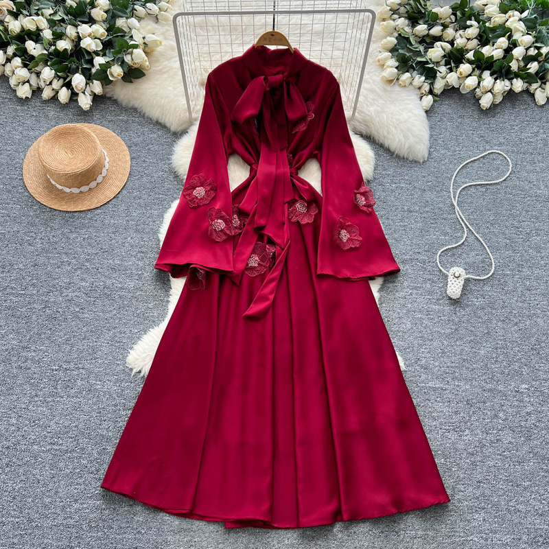 French Retro Long-Sleeved Dress for Women in Summer with Three-Dimensional Flower Tie, Unique and Beautiful, Large-Swing Long Skirt French Retro Long-Sleeved Dress for Women in Summer with Three-Dimensional Flower Tie, Unique and Beautiful, Large-Swing Long Skirt