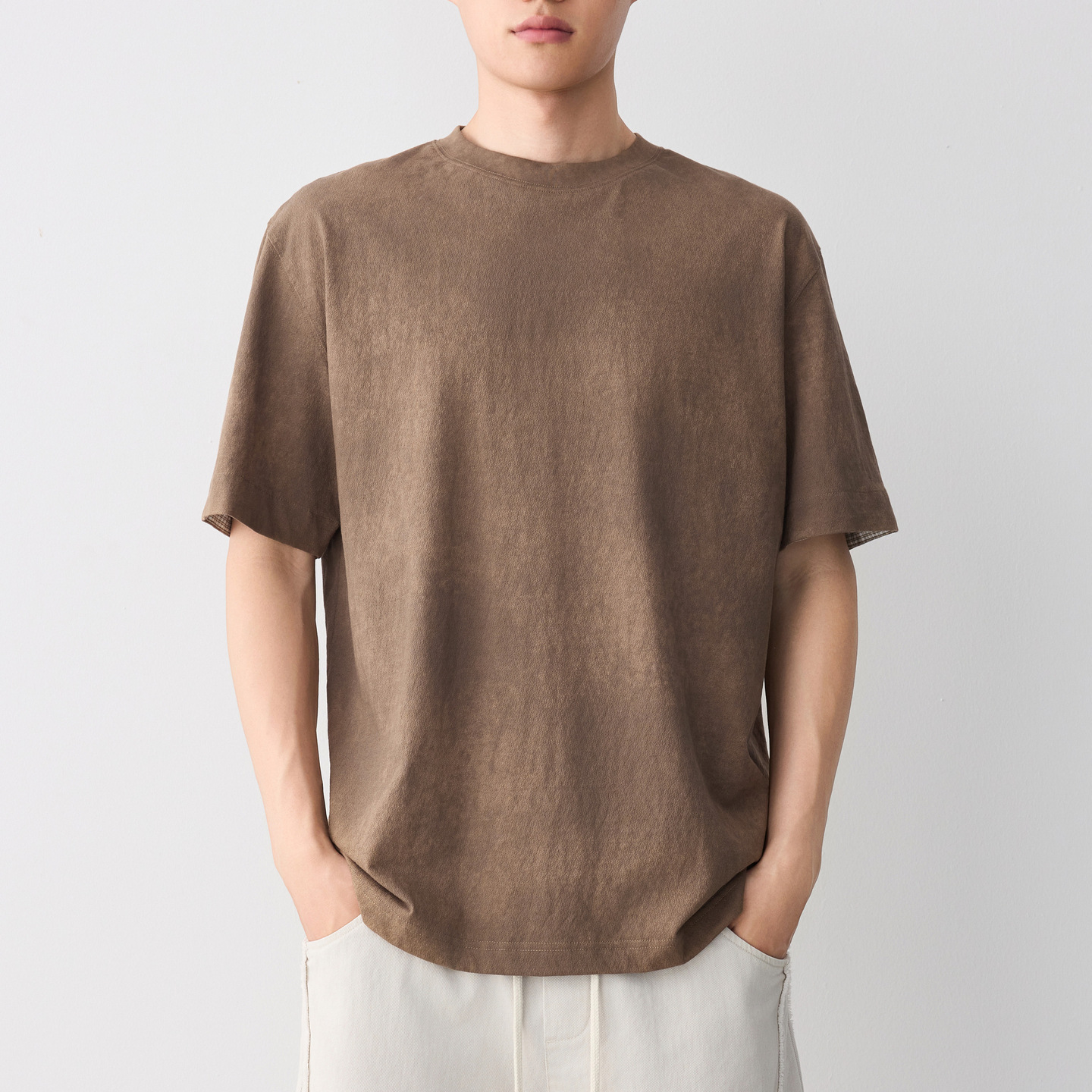 Áo thun nam tay ngắn cổ tròn chất liệu lanh cotton phong cách đường phố — màu cà phê