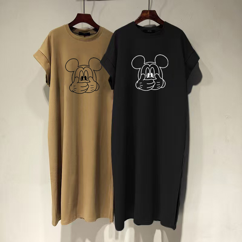 2025 Spring and Summer New Cotton Short Sleeve T-Shirt Dress Women's Loose plus size Mickey Flying Sleeve dress Long Dress for Summer