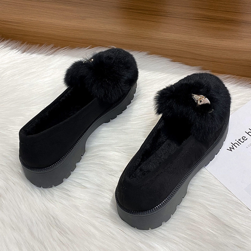 Giày bông nữ lót lông dày, kiểu xỏ chân đế dày chống trơn trượt, gót 3–5 cm — Màu xám, Màu đen