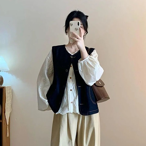 日系春秋季穿搭牛仔开衫马甲女+镂空衬衫+宽松阔腿长裤潮三件套装|undefined