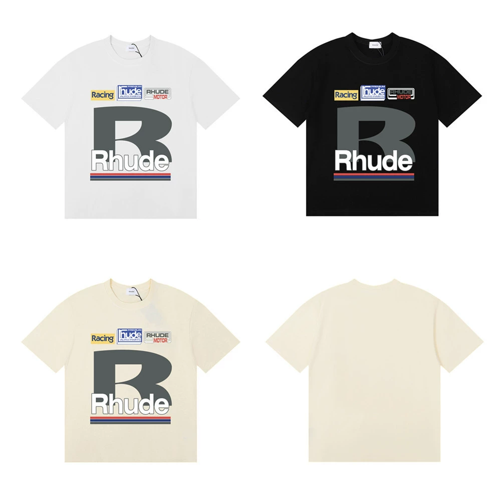 Трансграничная европейская и американская модная брендовая футболка RHUDE с микроэтикеткой и буквенным принтом, футболка с короткими рукавами и принтом для мужчин и женщин, американская уличная футболка с половиной рукава