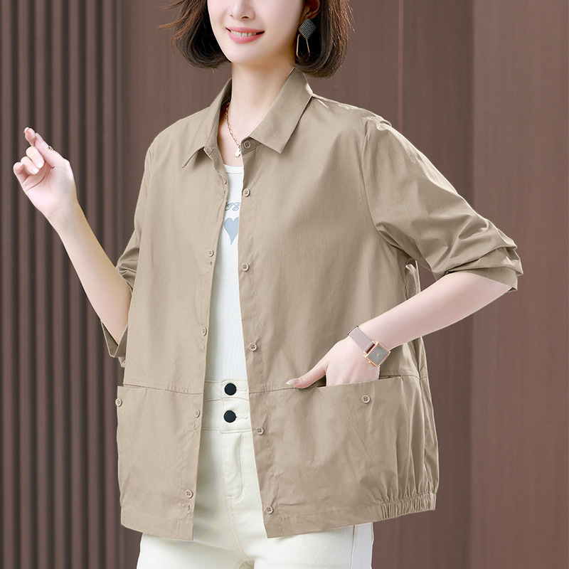 Long-sleeved shirt women's plus size slimming relaxed-fit casual short cotton thin single-layer coat for small middle-aged mother