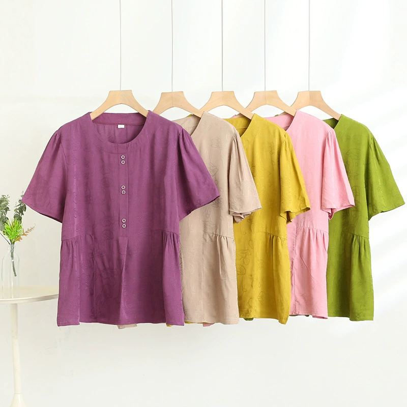 Иностранная хлопковая шелковая жаккардовая футболка мама летняя одежда 2025 новый топ среднего и пожилого женского летнего свободного рубашки с короткими рукавами