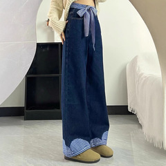 女性用ストラップチェック柄スプライシングリボンストレートジーンズ、ニッチデザイン、ハイウエスト、ルーズ、スリム、ワイドレッグパンツ