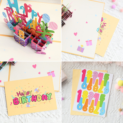 Birthday three-dimensional greeting card, colorful birthday handmade creative blessing message, digital card can be inserted, foreign trade manufacturer wholesale