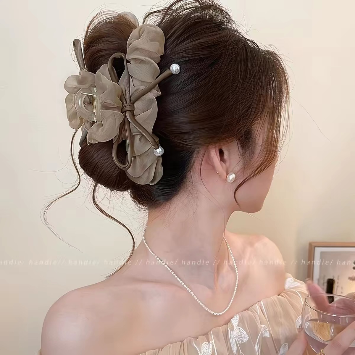 46#[coffee color] mesh pearl three-dimensional bow about 13cm