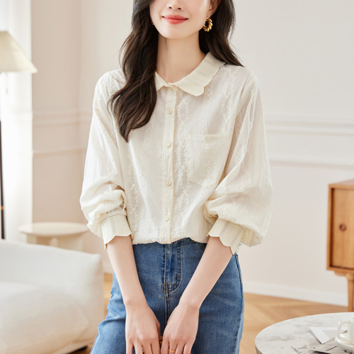 Cotton Pima Shell Blouse Women's Long Sleeve 2025 Spring Collection New Design Style Indie Knit Collar Top Shirt