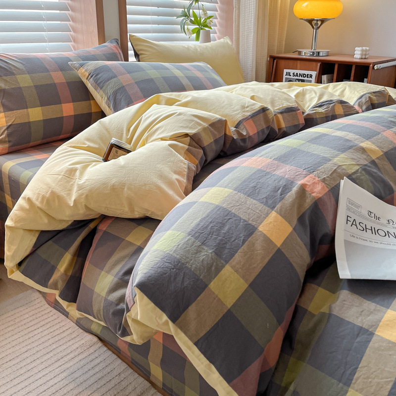 Juego de cuatro piezas de algodón lavado teñido en hilo para estudiantes 2025 nuevo juego de sábanas de edredón de dormitorio de estudiantes de tres piezas