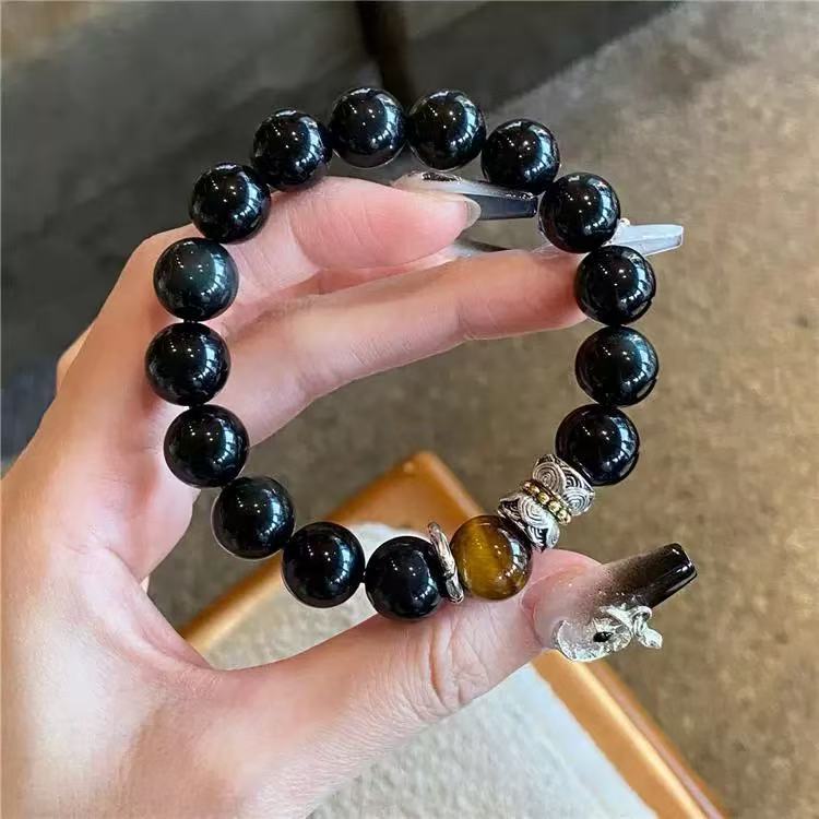 TikTok Explosions Black Myth Wukong Same-style Obsidian Bracelet for Men and Women Good Luck Six-character Proverbs Silver Obsidian Play