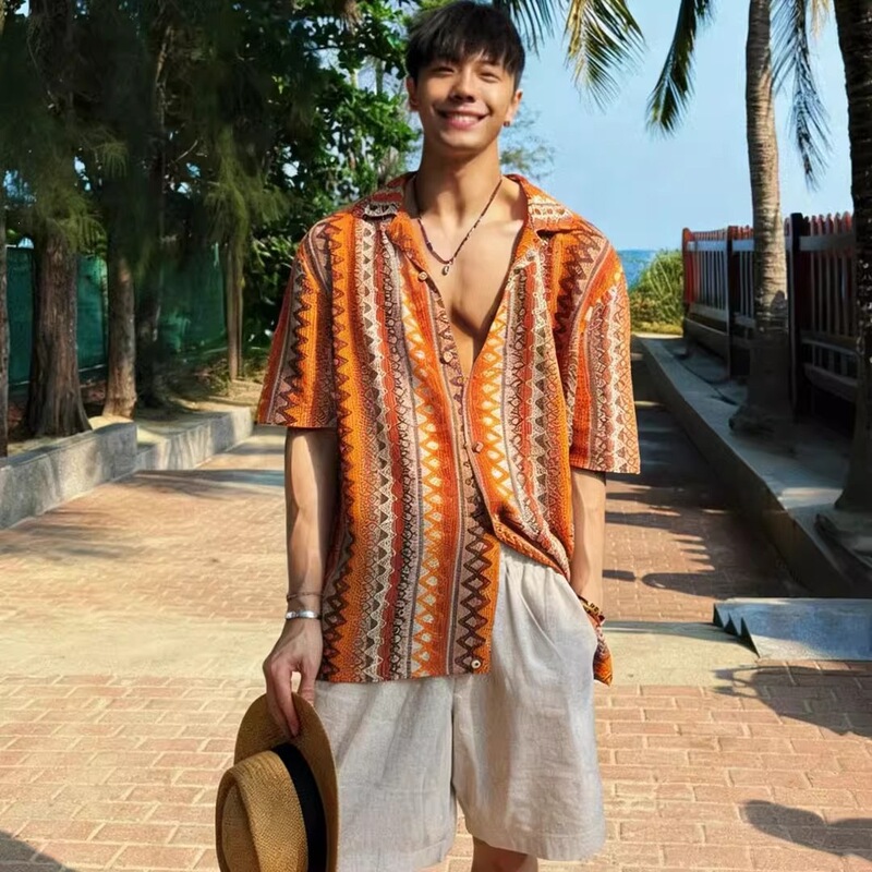Retro Ethnic Style 2026 New Men's Shirt for Summer Beach Wear, Short-Sleeve Floral Shirt, Couple's Travel Sun Protection Clothing Retro Ethnic Style 2026 New Men's Shirt for Summer Beach Wear, Short-Sleeve Floral Shirt, Couple's Travel Sun Protection Clothing